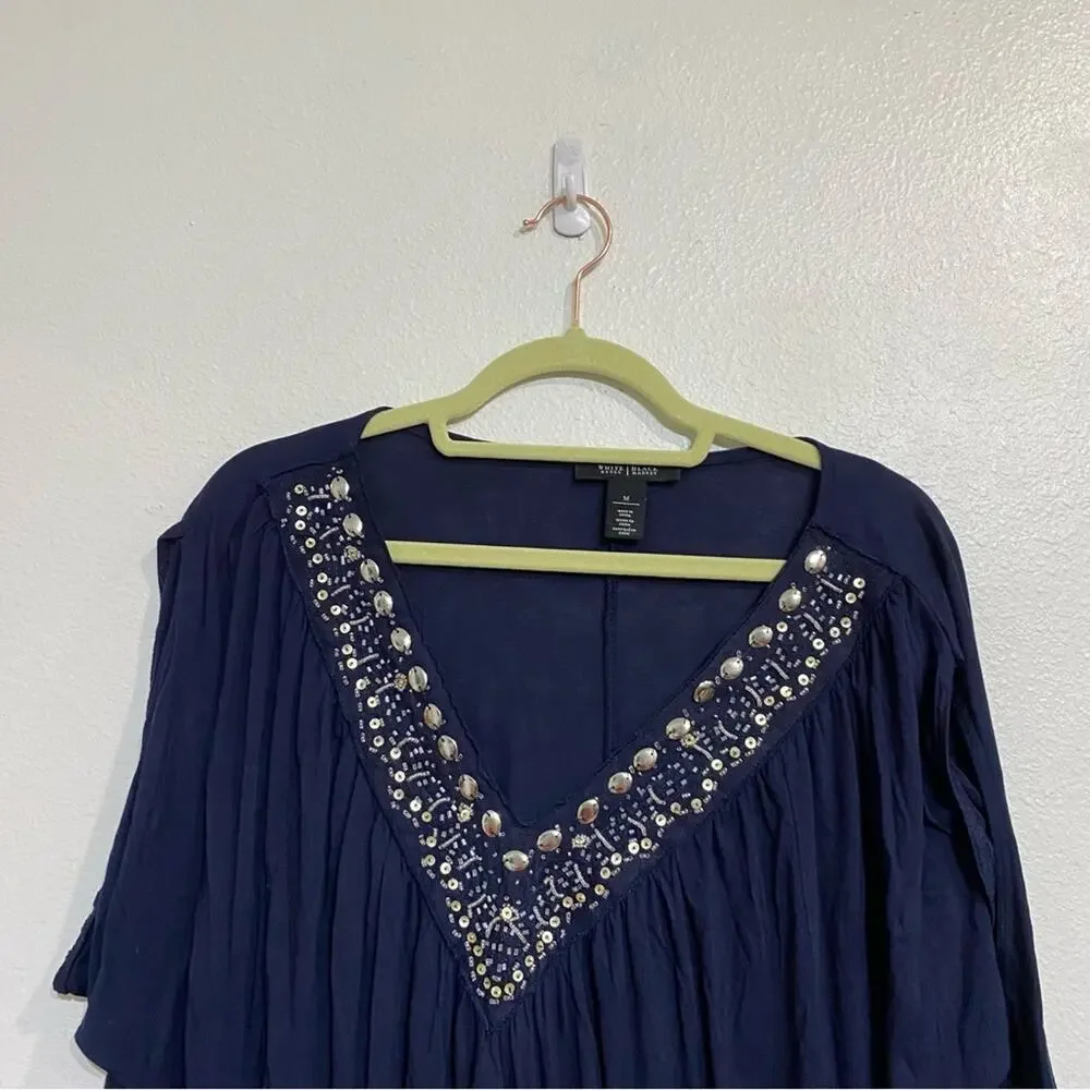 White House Black Market Navy Embellished Trim V-Neck Blouse Sz M